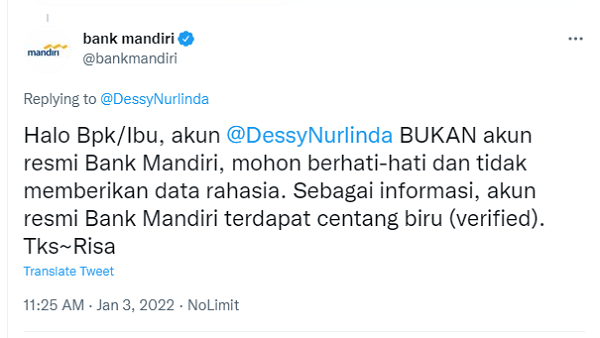 [Cek Fakta] Beredar Akun Twitter dan Nomor WA <i>Ngaku</i> dari Bank Mandiri? Ini Faktanya