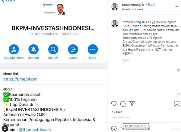 [Cek Fakta] Beredar Grup Telegram BKPM dengan Admin Thomas Lembong? Ini Faktanya