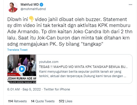 [Cek Fakta] Video Mahfud MD Minta KPK Tangkap Semua BuzzeRp? Ini Faktanya