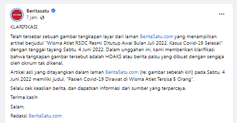 [Cek Fakta] Wisma Atlet RSDC Resmi Ditutup Juli 2022 Kasus Covid-19 Selesai? Ini Faktanya