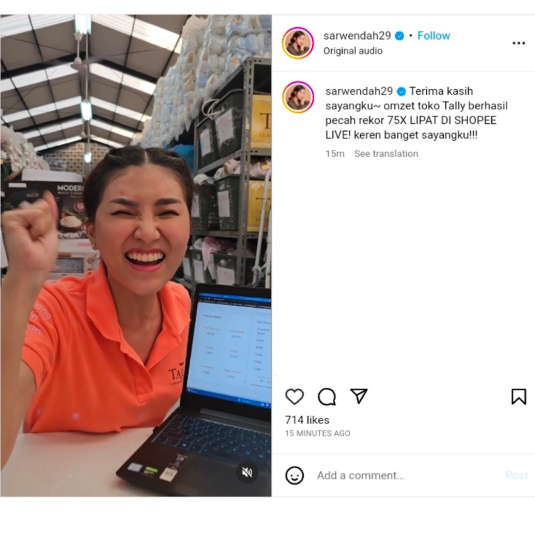 Sesi Shopee Live Sarwendah dan <i>Brand</i> Lokal Tally, Pecahkan Rekor Omzet Naik 75 Kali Lipat