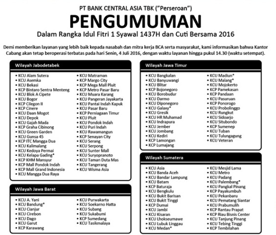 Layanan Terbatas BCA Selama Idul Fitri