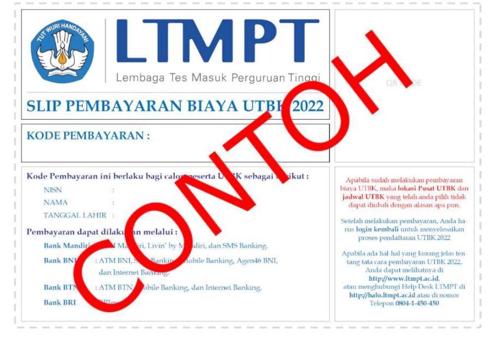 Slip pembayaran UTBK SBMPTN 2022