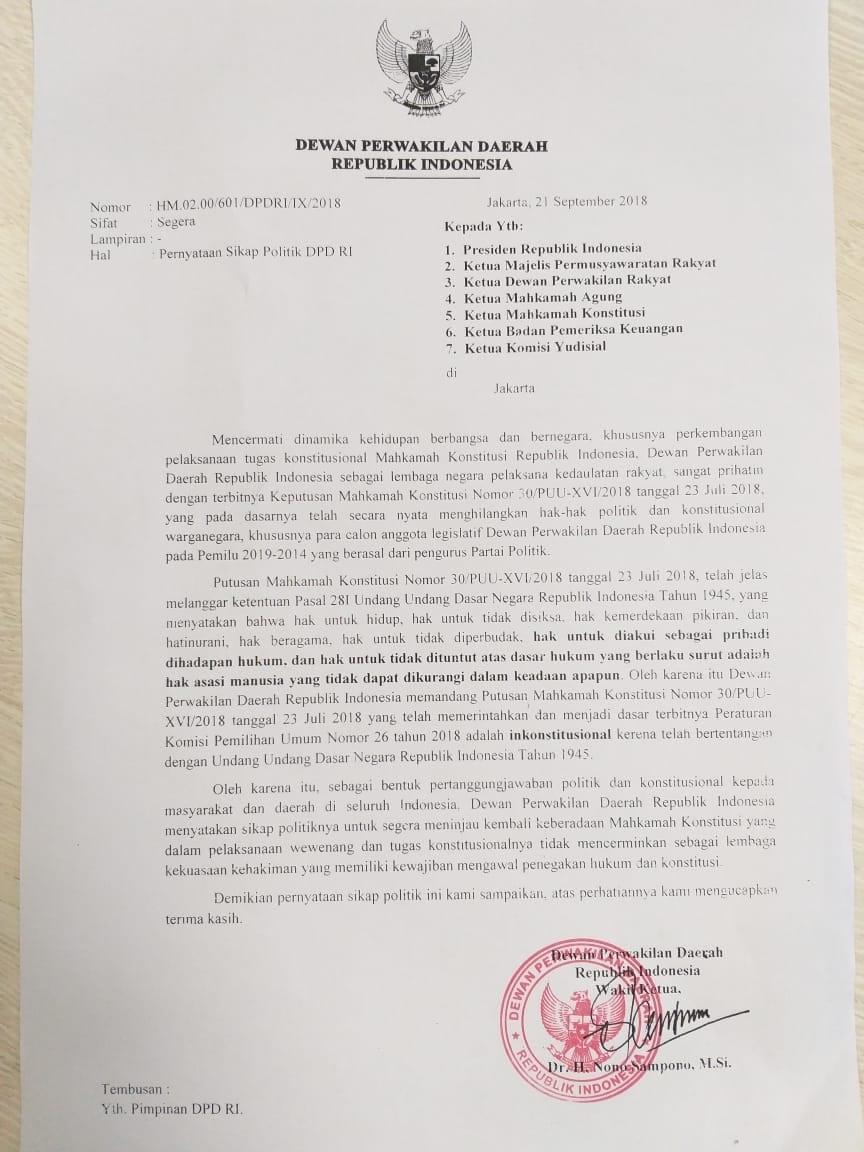 DPD Menyurati Presiden Minta Evaluasi Keberadaan MK