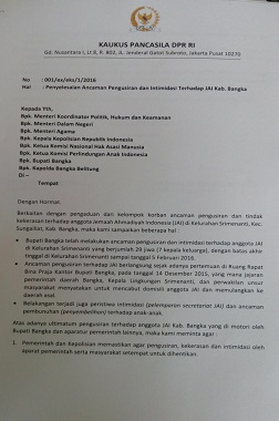 Kaukus Pancasila Nyatakan Bupati Bangka Intimidasi Warga JAI
