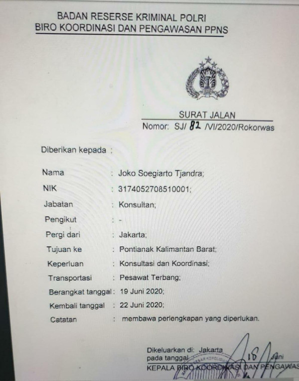 Surat Jalan Djoko Tjandra Diduga dari Polri