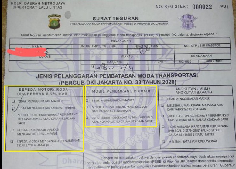 Surat Teguran Pelanggar PSBB Mirip Surat Tilang