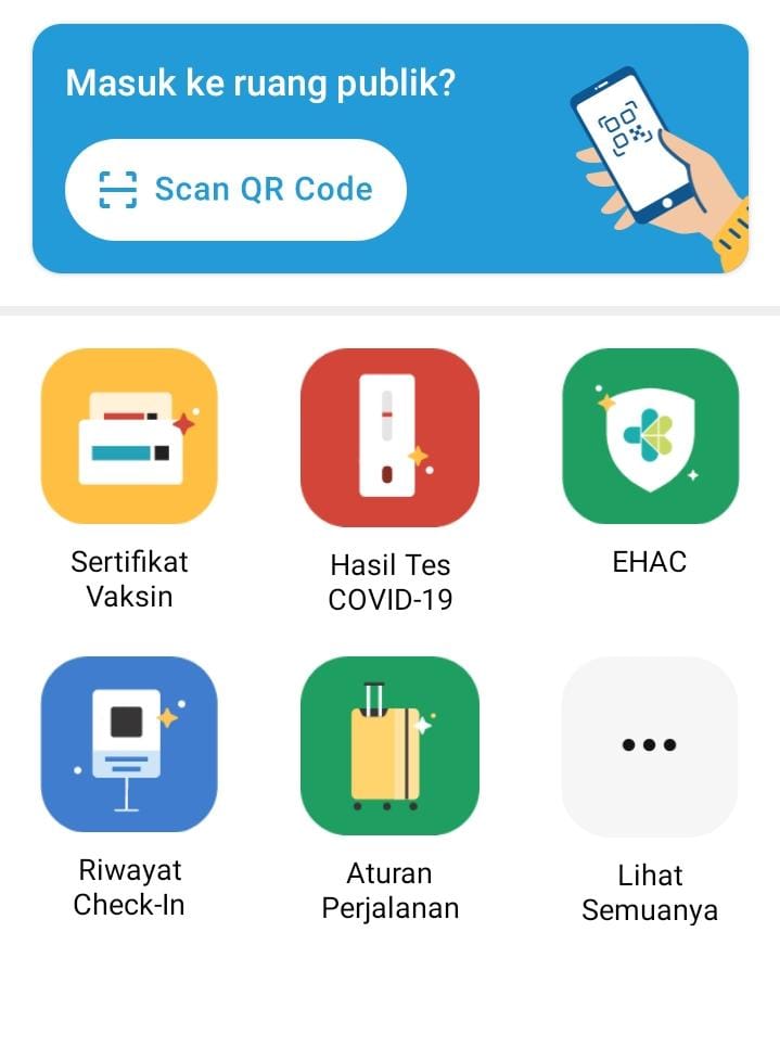 tampilan menu utama aplikasi PeduliLindungi