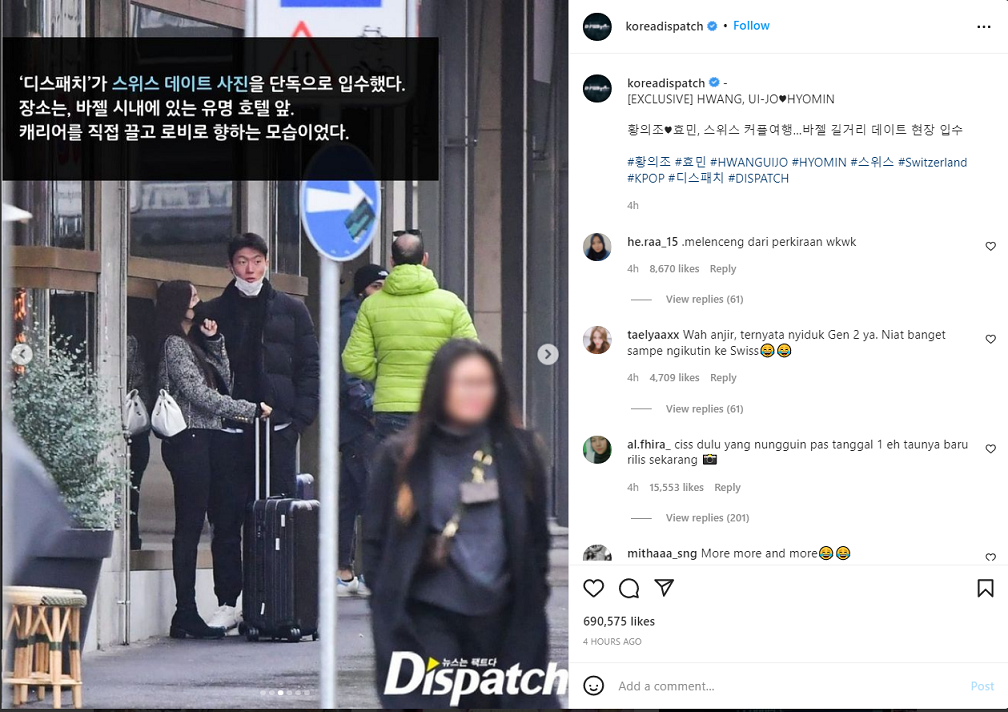  Tangkapan layar Hyomin T-ara dan Pesepak bola Hwang Ui Jo berpacaran. Instagram @koreadispatch.