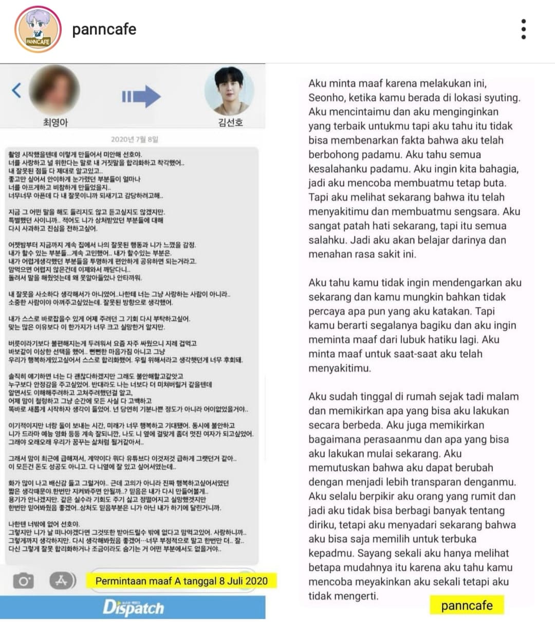 Tangkapan layar bukti percakapan permintaan maaf CYA ke Kim Seon Ho. Foto Dispatch panncafe