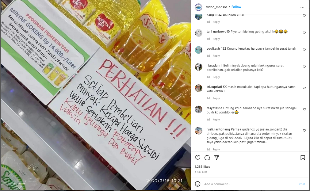 Tangkapan layar unggahan beli minyak goreng Rp14 ribu bersyarat. Foto Instagram @video_medsos