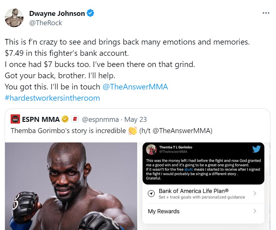 Momen Haru The Rock Beri Kejutan Petarung UFC Themba Gorimbo yang Hanya Punya 7 Dolar di Rekening