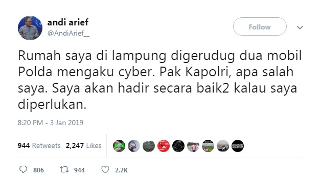 Polisi Mendatangi Rumah Andi Arief Tersebab Cuitan