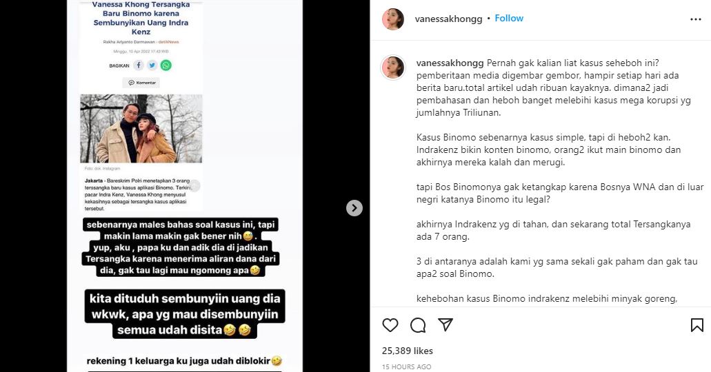 Jadi Tersangka Kasus Binomo, Begini Reaksi Vanessa Khong