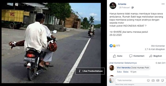 [Cek Fakta] Tak Mampu Sewa Ambulans, Bapak Ini Membopong Jenazah Ananknya dengan Sepeda Motor? Ini Faktanya