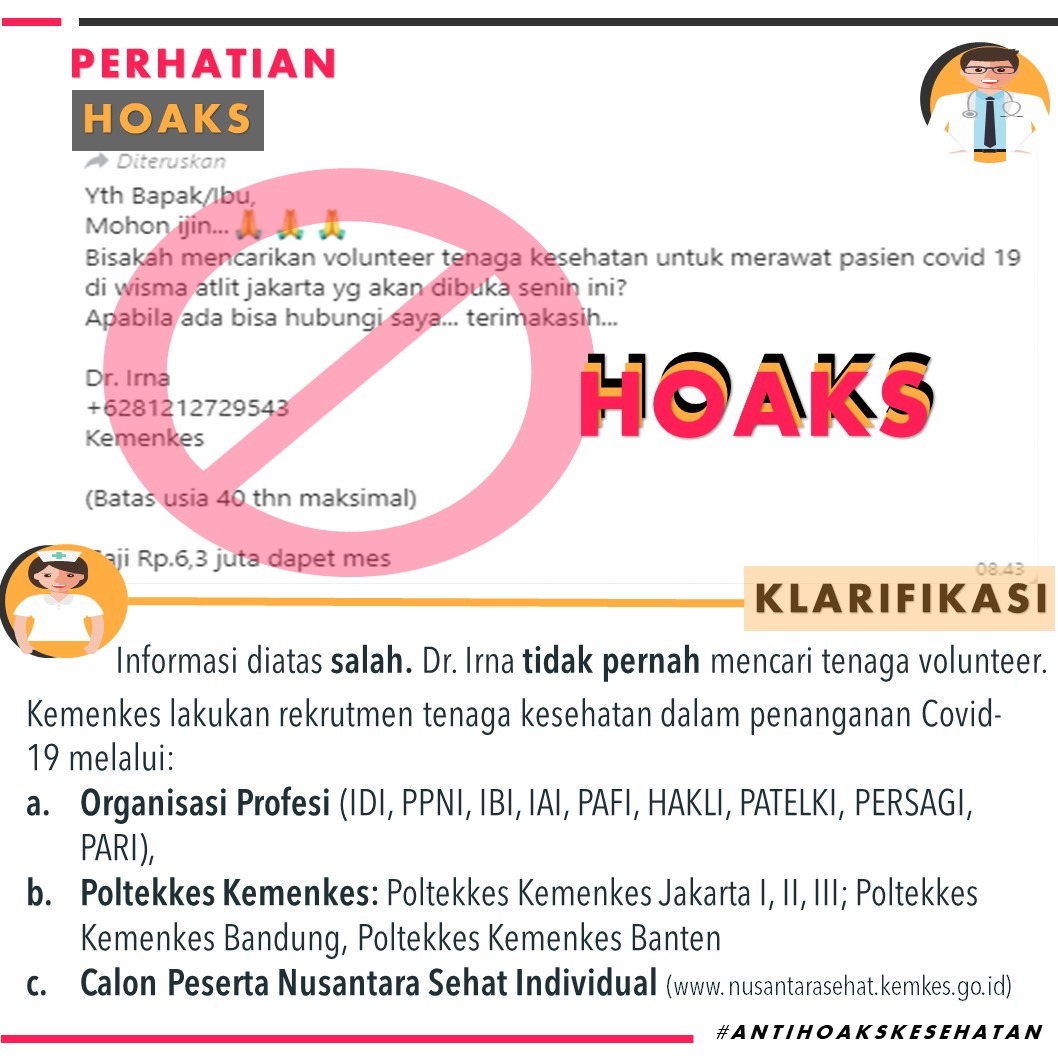 [Cek Fakta] Rekrutmen Volunter Penanganan Pasien Covid-19 Melalui Dokter Irna dari Kemenkes? Hoaks