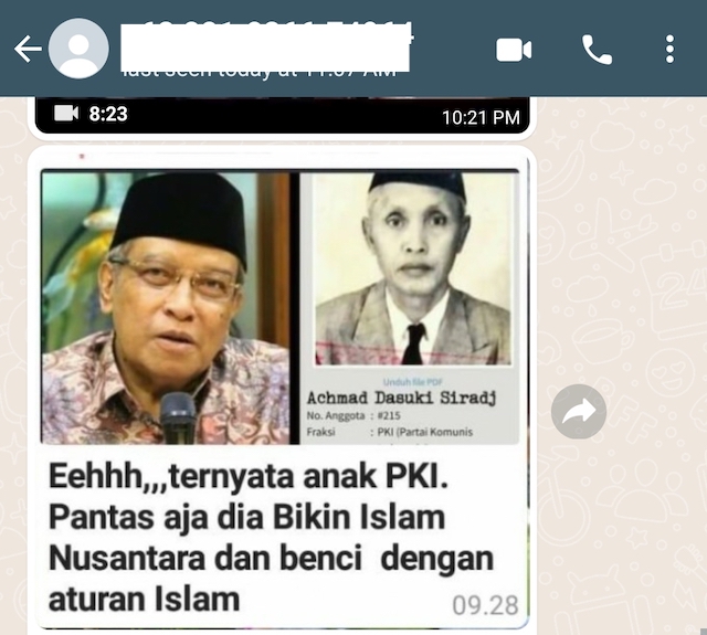 [Cek Fakta] Beredar Pesan Berantai Sebut Ketum PBNU KH Said Aqil Siradj Keturunan PKI? Cek Dulu Faktanya