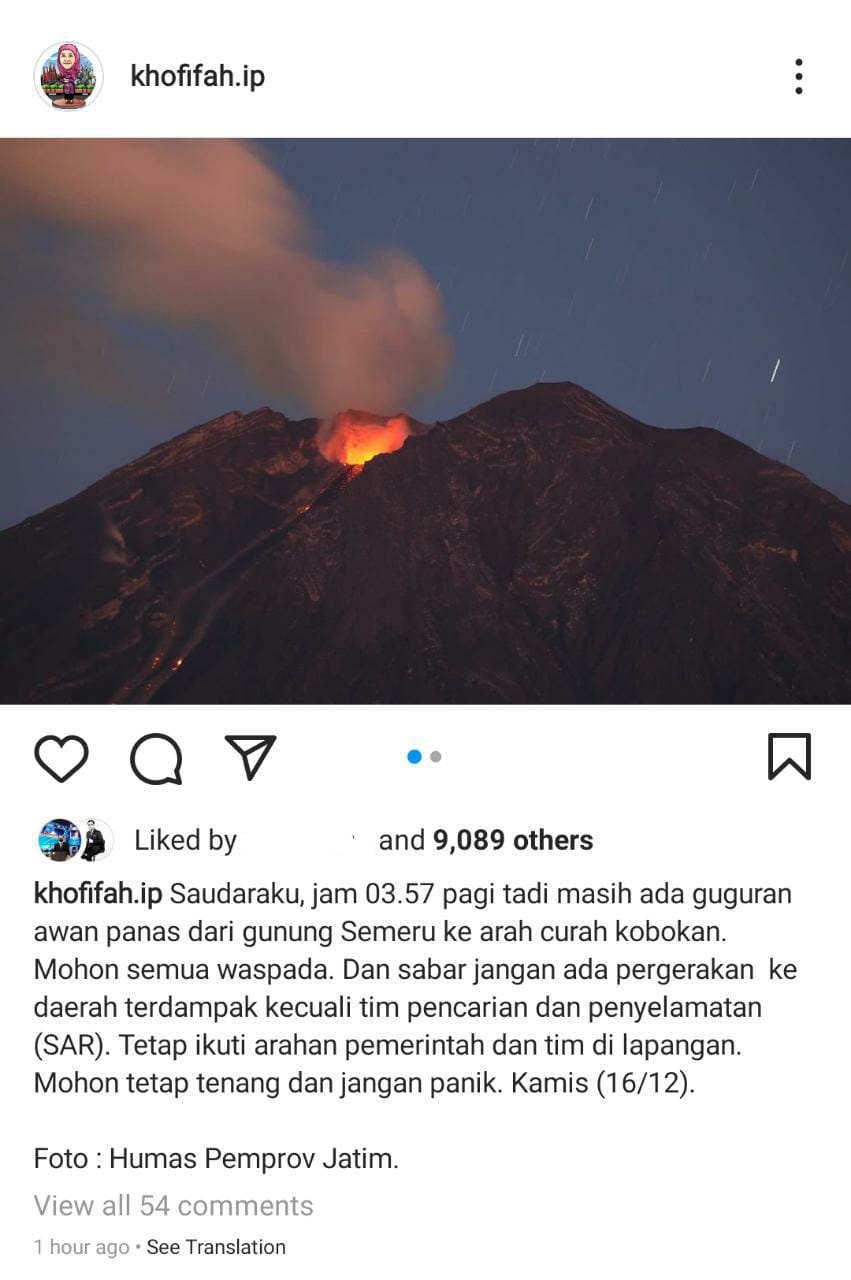 Gubernur Jatim Khofifah Indar Parawansa meminta warga tetap waspada erupsi Gunung Semeru. Instagram @khofifah.ip