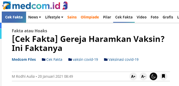 [Cek Fakta] Benarkah Gereja Tolak Vaksin? Ini Faktanya