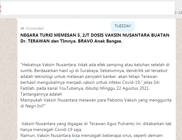 [Cek Fakta] Benarkah Turki Sudah Pesan 5,2 Juta Dosis Vaksin Nusantara? Ini Faktanya