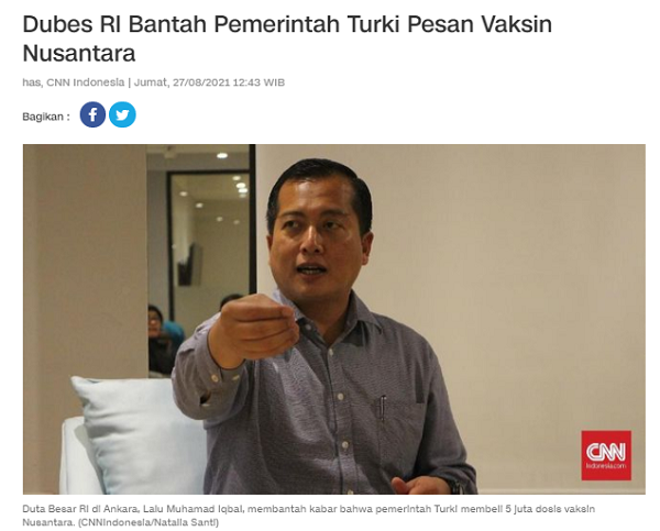 [Cek Fakta] Benarkah Turki Sudah Pesan 5,2 Juta Dosis Vaksin Nusantara? Ini Faktanya