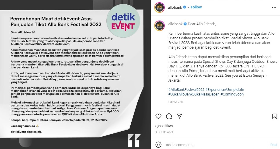 detikEvent minta maaf atas kacaunya penjualan Allo Bank Festival 2022. Instagram allobank