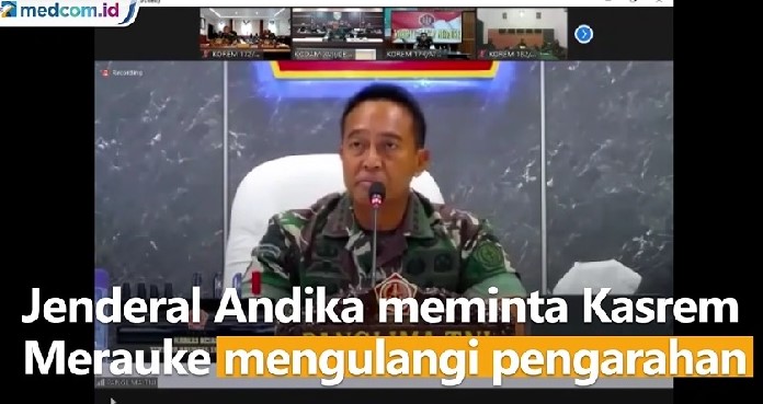 Panglima TNI Jenderal Andika Perkasa menegur Kasrem 174 ATW Merauke Kolonel Hamim Tohari karena bermain HP. Foto: Video Medcom.id