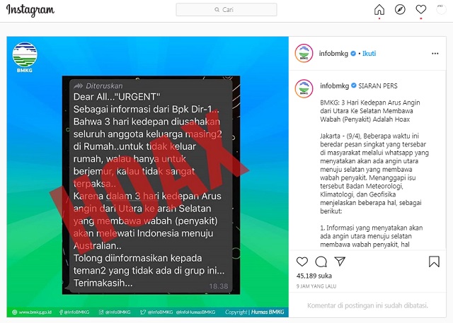 [Cek Fakta] Selama 3 Hari Ini Dianjurkan tidak Keluar Rumah Ada Angin Pembawa Penyakit Lewat Indonesia? Ini Faktanya