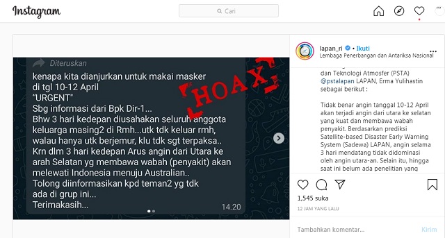 [Cek Fakta] Selama 3 Hari Ini Dianjurkan tidak Keluar Rumah Ada Angin Pembawa Penyakit Lewat Indonesia? Ini Faktanya