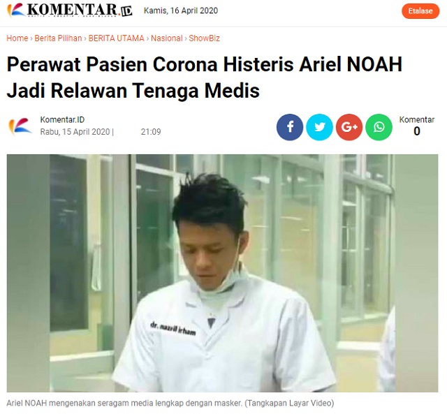 [Cek Fakta] Perawat Pasien Korona Histeris Ariel NOAH jadi Relawan Tenaga Medis? Ini Faktanya