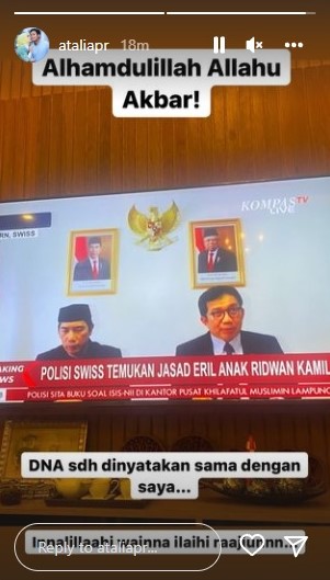 Istri Ridwan Kamil, Atalia Praratya, bersyukur jasad Eril ditemukan. Instagram ataliapr