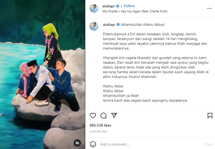 Istri Ridwan Kamil, Atalia Praratya, bersyukur jasad Eril ditemukan utuh. Instagram ataliapr