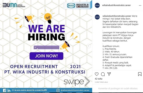 [Cek Fakta] Akun Instagram Ini Unggah Lowongan Kerja PT WIKA Industri dan Konstruksi? Simak Faktanya