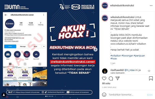 [Cek Fakta] Akun Instagram Ini Unggah Lowongan Kerja PT WIKA Industri dan Konstruksi? Simak Faktanya