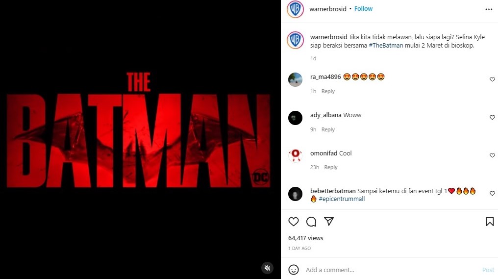 Film The Batman tayang 2 Maret 2022. Instagram @warnerbrosid
