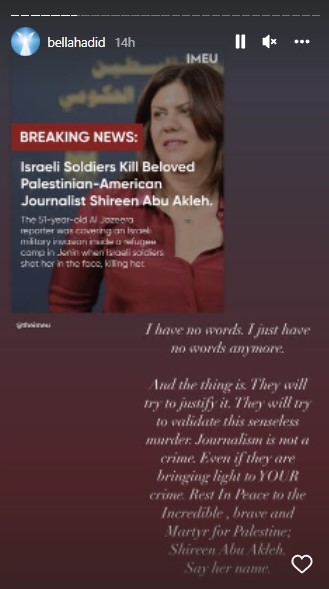 Bella Hadid menyebut Shireen Abu Akleh martir untuk Palestina. Instagram bellahadid