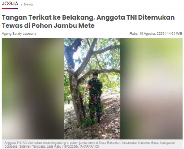 [Cek Fakta] Foto Penampakan Tiga Orang yang Menggantung Anggota TNI di Pohon? Simak Faktanya