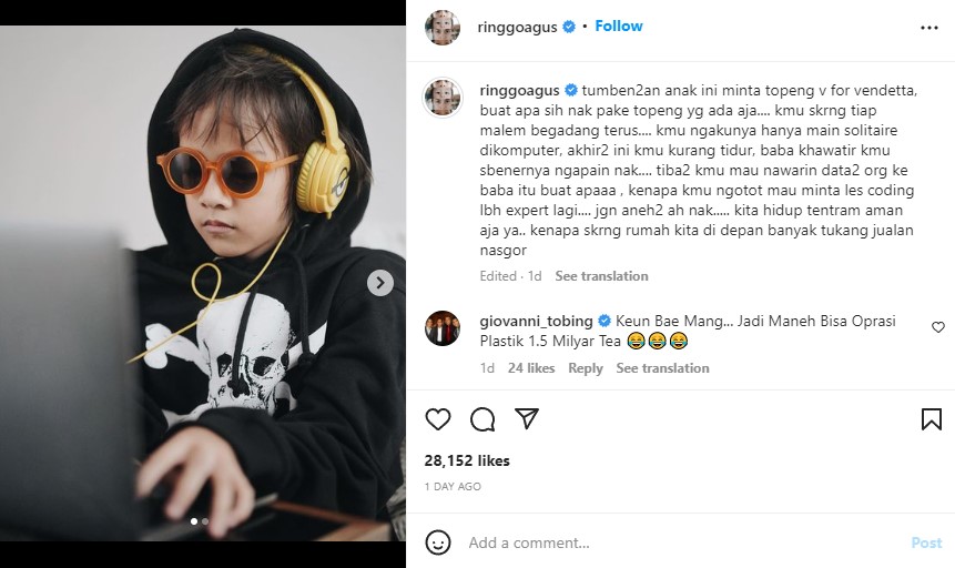 Punya Nama Sama, Ringgo Agus Posting Foto Anak <i>Cosplay</i> Jadi <i>Hacker</i> Bjorka
