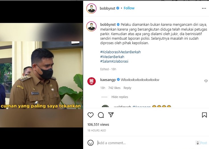 Kaesang Pangarep mengomentari postingan Bobby Nasution. Instagram bobbynst