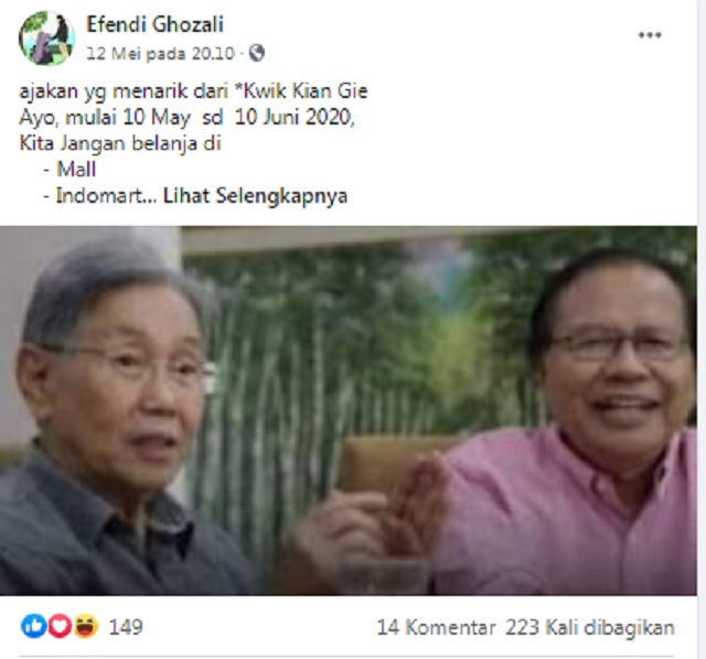 [Cek Fakta] Kwik Kian Gie Serukan Boikot Sejumlah Pusat Perbelanjaan dan Bank? Ini Faktanya