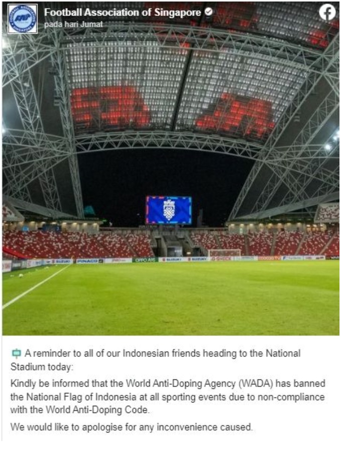 Sanksi WADA Jadi Dalih, Singapura Larang Suporter Indonesia Bawa Bendera Merah Putih