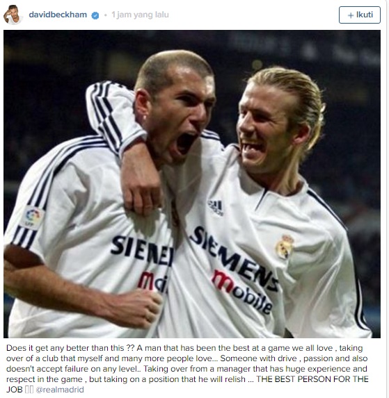 Latih Madrid, Zidane Dapat Dukungan dari Beckham