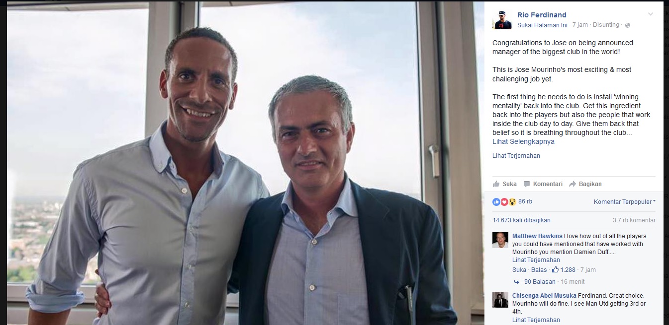 Lewat Media Sosial, Rio Ferdinand Bocorkan Status Jose Mourinho