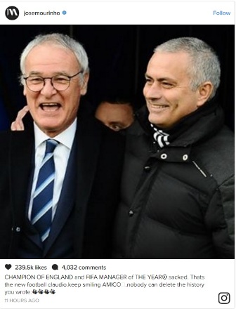 Reaksi Mourinho dan Lineker soal Pemecatan Ranieri