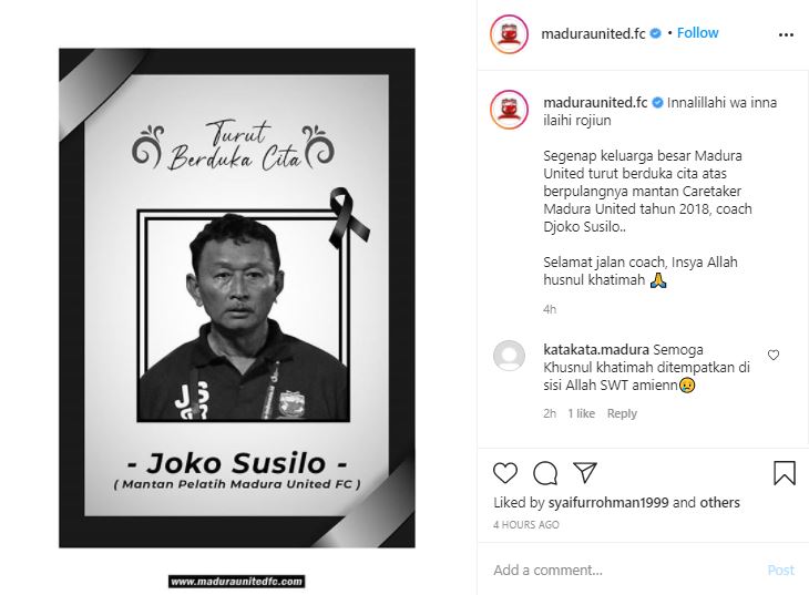 Mantan Pelatih Madura United Djoko Susilo Meninggal Dunia