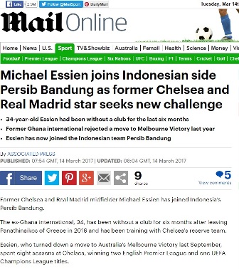 Media Massa Luar Negeri Ikut Sorot Transfer Essien ke Persib