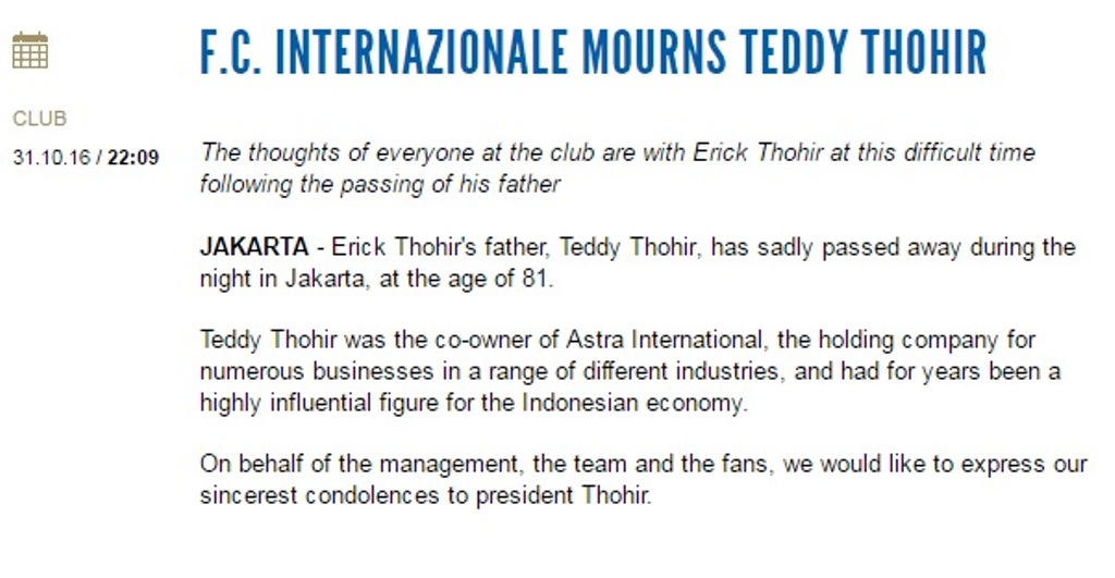 Ayah Erick Thohir Wafat, Inter Milan Berduka