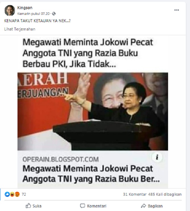 [Cek Fakta] Megawati Minta Jokowi Pecat Anggota TNI yang Razia Buku Berbau PKI? Ini Faktanya