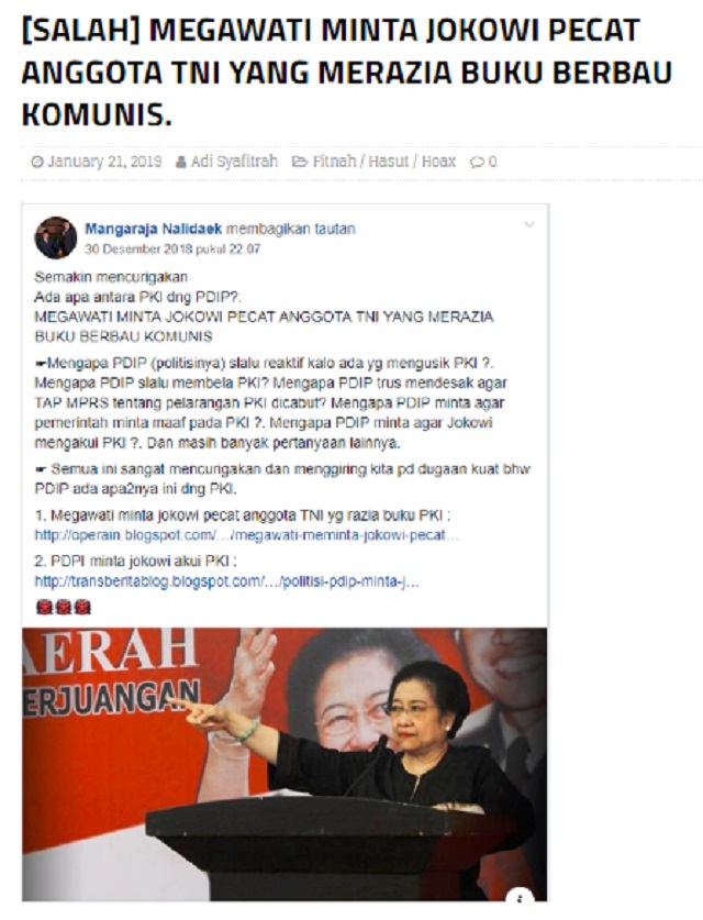 [Cek Fakta] Megawati Minta Jokowi Pecat Anggota TNI yang Razia Buku Berbau PKI? Ini Faktanya