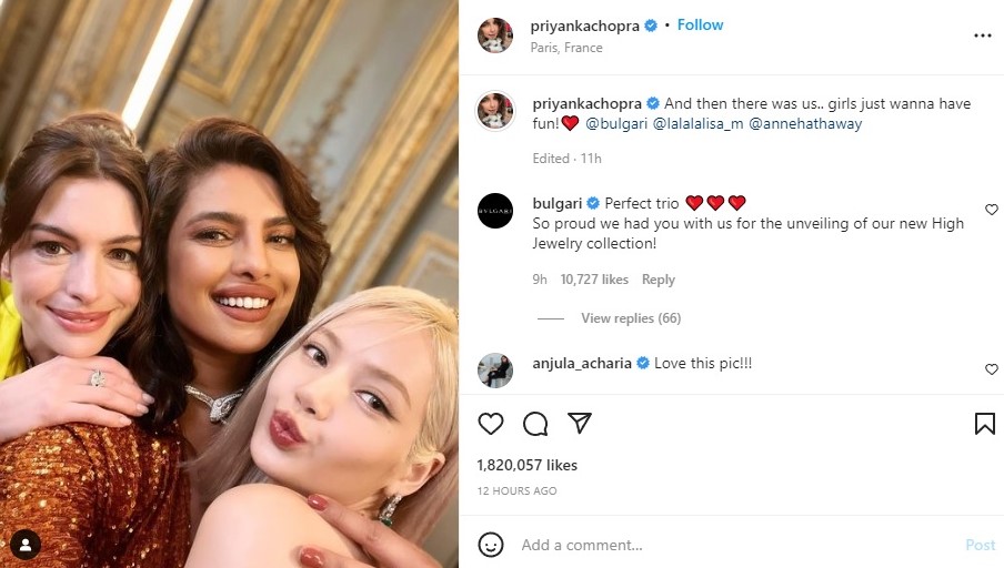 Anne Hathway, Priyanka Chopra, dan Lisa Blackpink wefie. Instagram priyankachopra